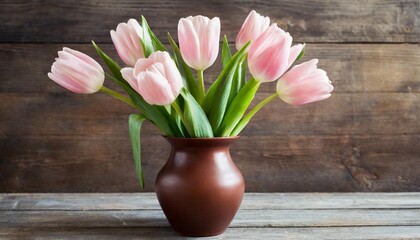 pale pink tulips in a brown vase