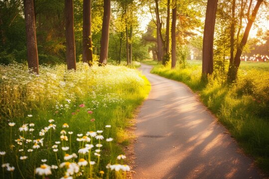 Country road through a lush green field with white flowers on the side