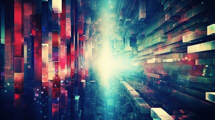 Glowing blue and red digital tunnel