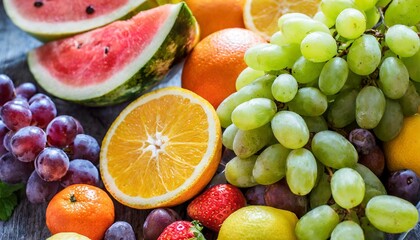 fresh ripe organic fruits from market grape and orange grapefruit and lemon watermelon and tangerine fruit rainbow bright card