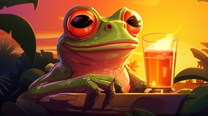 A green frog sits on a branch with a glass of beer in front of it