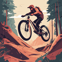 Naklejka premium A person riding a mountain bike This exciting illustration shows a person riding a mountain bike, conveying adventure and excitement in the great outdoors. Ideal for projects related to extreme sports