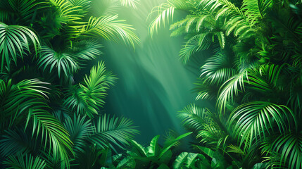 A Dense Jungle Scene, Rich with Green Foliage, Inviting the Viewer into the Depths of a Tropical Paradise Untouched by Time