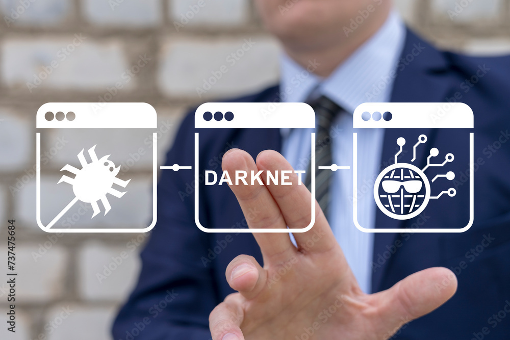 Poster businessman using virtual touch screen presses text: darknet. darknet and cybersecurity concept. dar