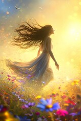 An illustration of a woman walking through a field of flowers