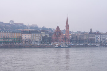Fototapeta premium Buda Castle Matthias Church and Danube River in Budapest, Hungary. 