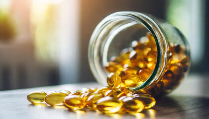 Bright yellow fish oil capsules or vitamin D capsules on a soft surface, symbolizing health and wellness at home
