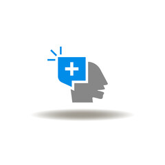 Vector illustration of head and speech bubble with cross. Icon of positive thinking. Symbol of brain health advice.