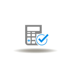 Vector illustration of calculator with check mark. Icon of CAO Chief Financial Officer. Symbol of accounting. Sign of education.