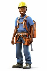 Fototapeta premium Black construction worker wearing hardhat, tool belt, and safety harness