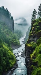 A river running through a valley with steep cliffs and a forest on the banks