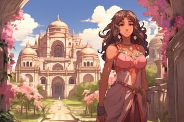 An illustration of a brown-skinned woman in a pink and white outfit standing in front of a large building with pink flowers in the foreground