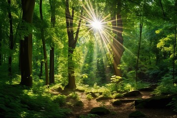 The sun shines through the forest