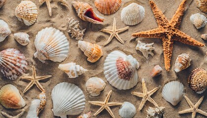 Fototapeta na wymiar top view of a sandy beach with collection of seashells and starfish as natural textured background for aesthetic summer design