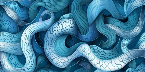 Seamless pattern. Illustration of wavy creatures in blue and white, , interlaced figures, modern themes, repetitive snake pattern.