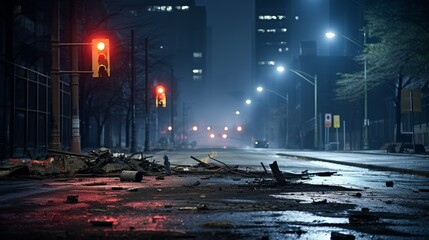 A dark and deserted urban street with debris scattered across the road and red traffic lights glowing in the foreground - obrazy, fototapety, plakaty