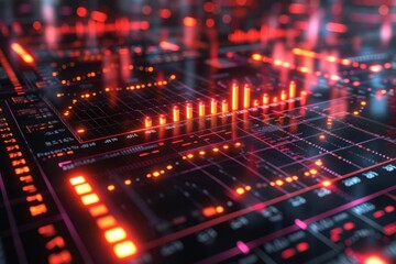 Obraz premium Futuristic technology interface with graphs and data analysis.