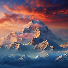 A majestic mountain landscape with a vibrant sunset