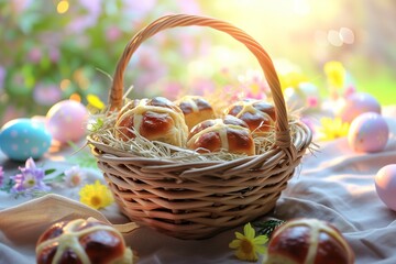 Elegant Easter Table Setting Featuring a Basket of Hot Cross Buns