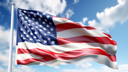 Obraz premium Waving American flag against a blue sky with clouds