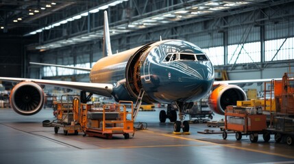 The blue and orange airplane is beingæ£€ä¿® in the hangar