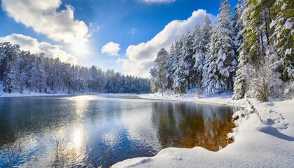 beautiful white winter wonderland scenery with crystal clear lake in forest on cold sunny day with...