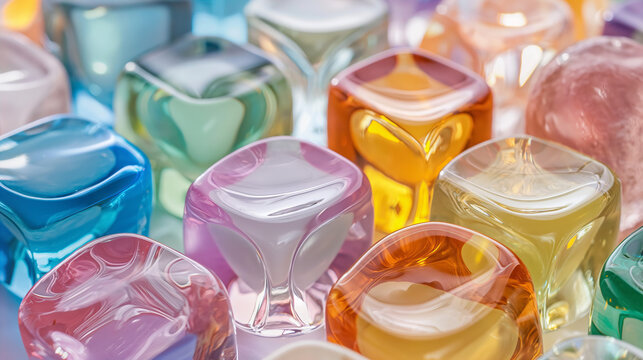 Close-up of a collection of glass sculptures. Generative Ai.