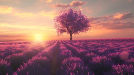 Beautiful image of lavender field Summer sunset landscape with single tree on horizon with sunburst