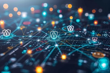 A digital illustration of a computer network with glowing nodes and a glowing blue circuit board in the background.