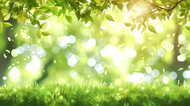 Green nature in spring eco garden, Summer abstract blur background, Urban trees leaves Light blurry out focus bokeh, Sunny sky foliage park grass Bright color sun day image