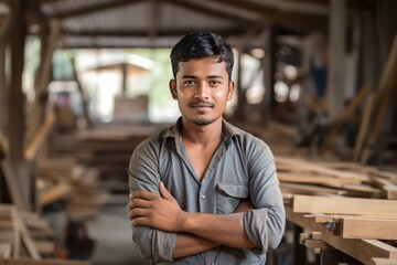 Portrait of a young carpenter with crossed arms in a carpentry workshop