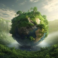 a green big globe, with grass and tree, light yellow and dark indigo, dark, foreboding landscapes, naturalistic depictions of flora and fauna, forestpu