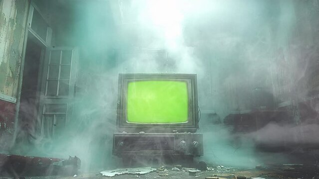 Vintage retro green screen tv with noise and flicker, isolated background, copy space, empty, template mockup intro glitch effect