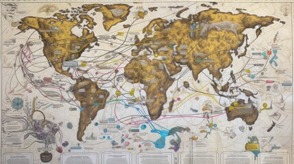 world map is filled with lines and connections, in the style of navy and brown, miscellaneous academia, light maroon and orange, subjective representations, faded palates