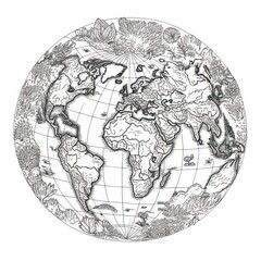  ornament world map white globe from globes, in the style of engraved line-work - obrazy, fototapety, plakaty