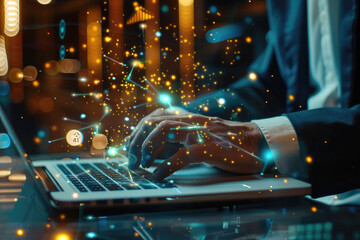 Businessman using a laptop, data protection, cyber security technology concept