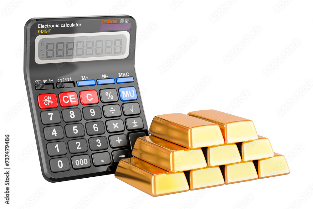 Poster gold bars with calculator, 3d rendering isolated on transparent background