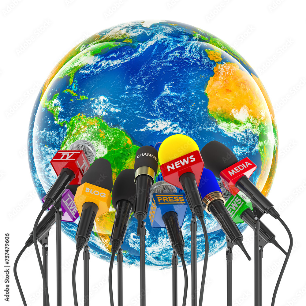 Poster international press conference, broadcasting or interview concept. microphones of different mass med