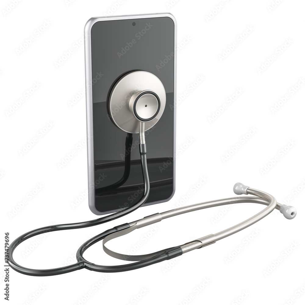 Poster smartphone with stethoscope, 3d rendering isolated on transparent background