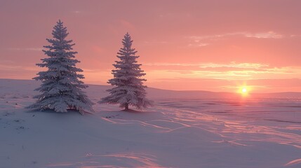 Two snow-covered pine trees on a snowy hill at sunset