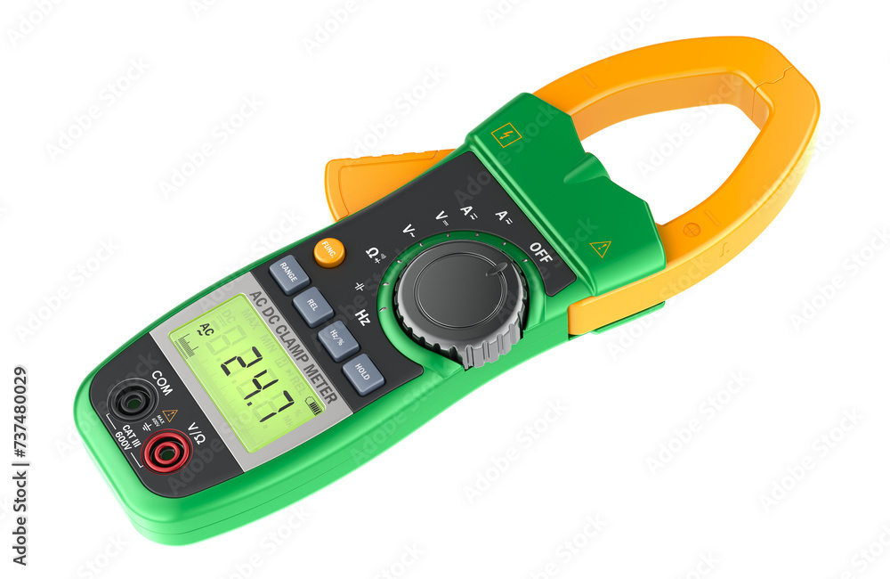 Poster digital clamp meter multimeter, ac dc voltage diode continuity tester, lcd display. 3d rendering iso