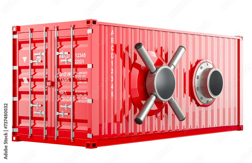Poster cargo container with safe combination lock. insurance and protect freight transportation concept. 3d