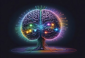 A stylized human brain with a split color scheme, half blue and half yellow , with glowing multicolored nodes connected by vibrant neural pathways against a dark background