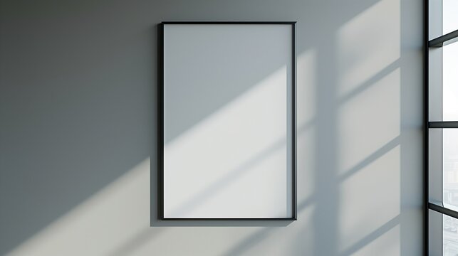 Mockup of a blank picture frame on a gray wall. 