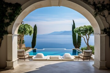 Fototapeta na wymiar Azure Mediterranean pool view. Greece resort. Generate Ai
