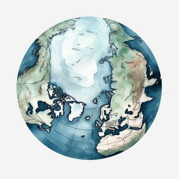  a map of north pole in watercolor, simple, illustration, art style, round icon depicting, pastel colors, white background