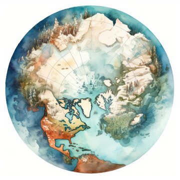  a map of north pole in watercolor, simple, illustration, art style, round icon depicting, pastel colors, white background