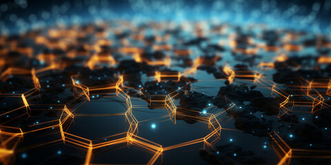 A 3d image of a hexagon with orange and blue lights, Blue hexagons on a hexagon background, 
