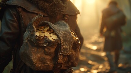 A lone traveler carrying a bag of gold coins through a dark forest