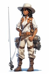 An illustration of a female explorer with a fishing rod and a backpack
